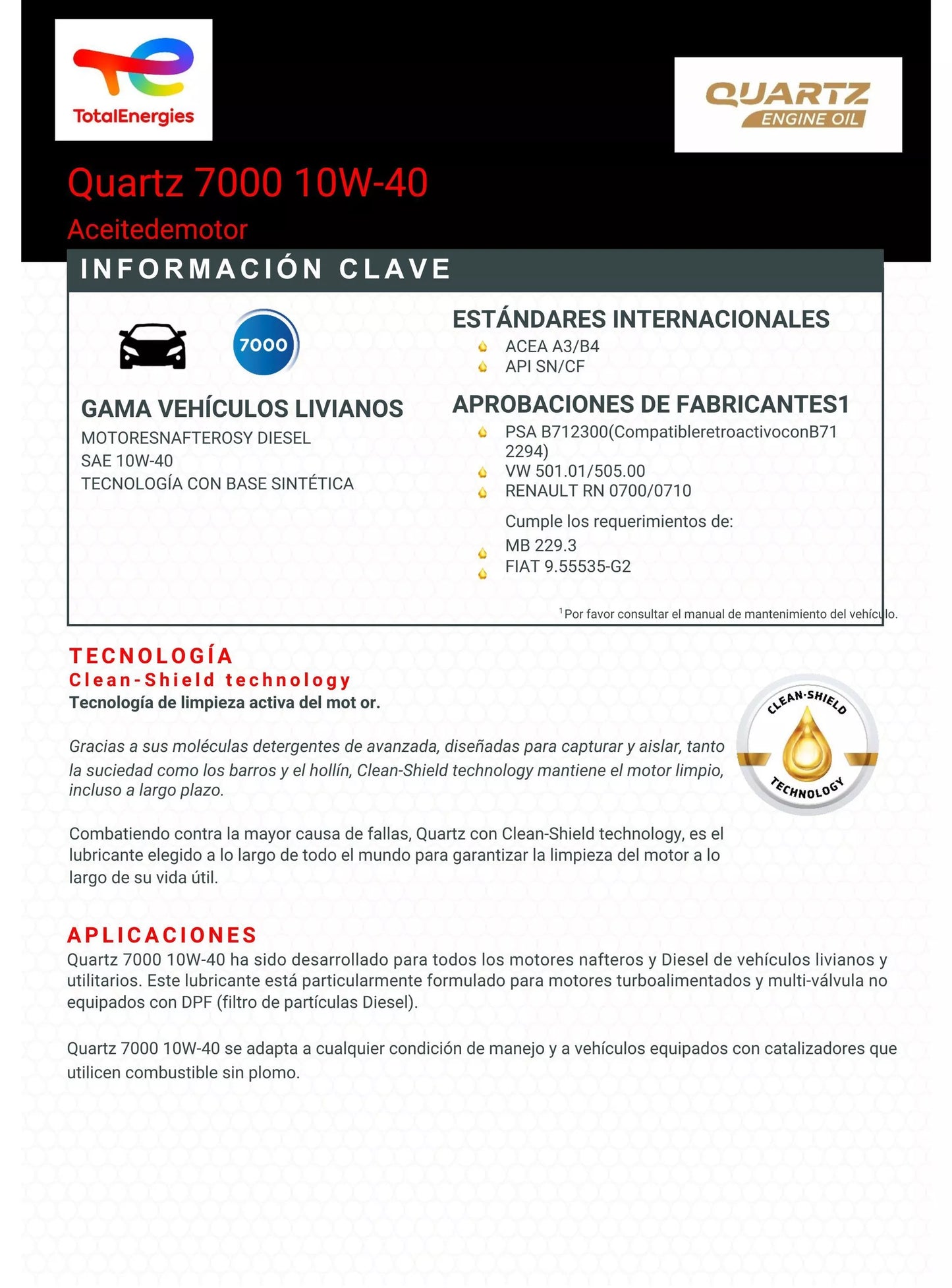 Lubricante Motor 10w40 Total Quartz 7000 1 Litro