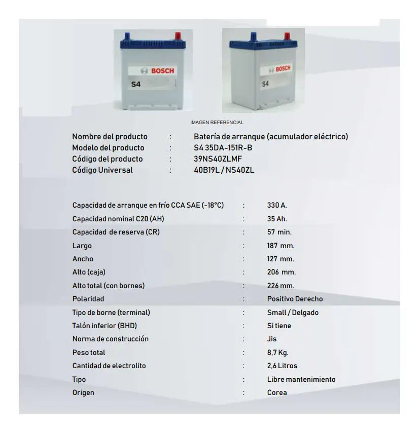 Bateria Bosch S4 35ah 330cca positivo derecho