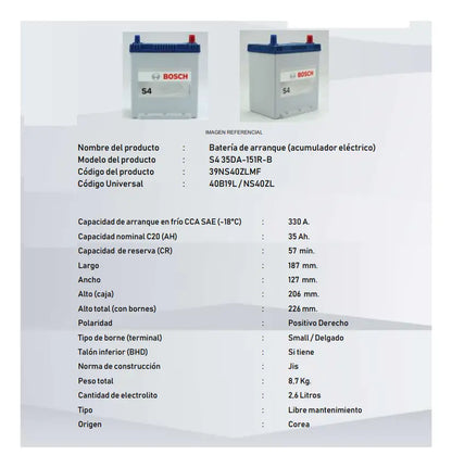 Bateria Bosch S4 35ah 330cca positivo derecho
